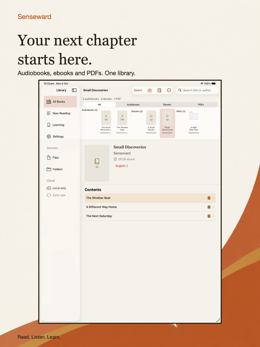 The iPad library with Audiobooks, Ebooks and PDFs collections.