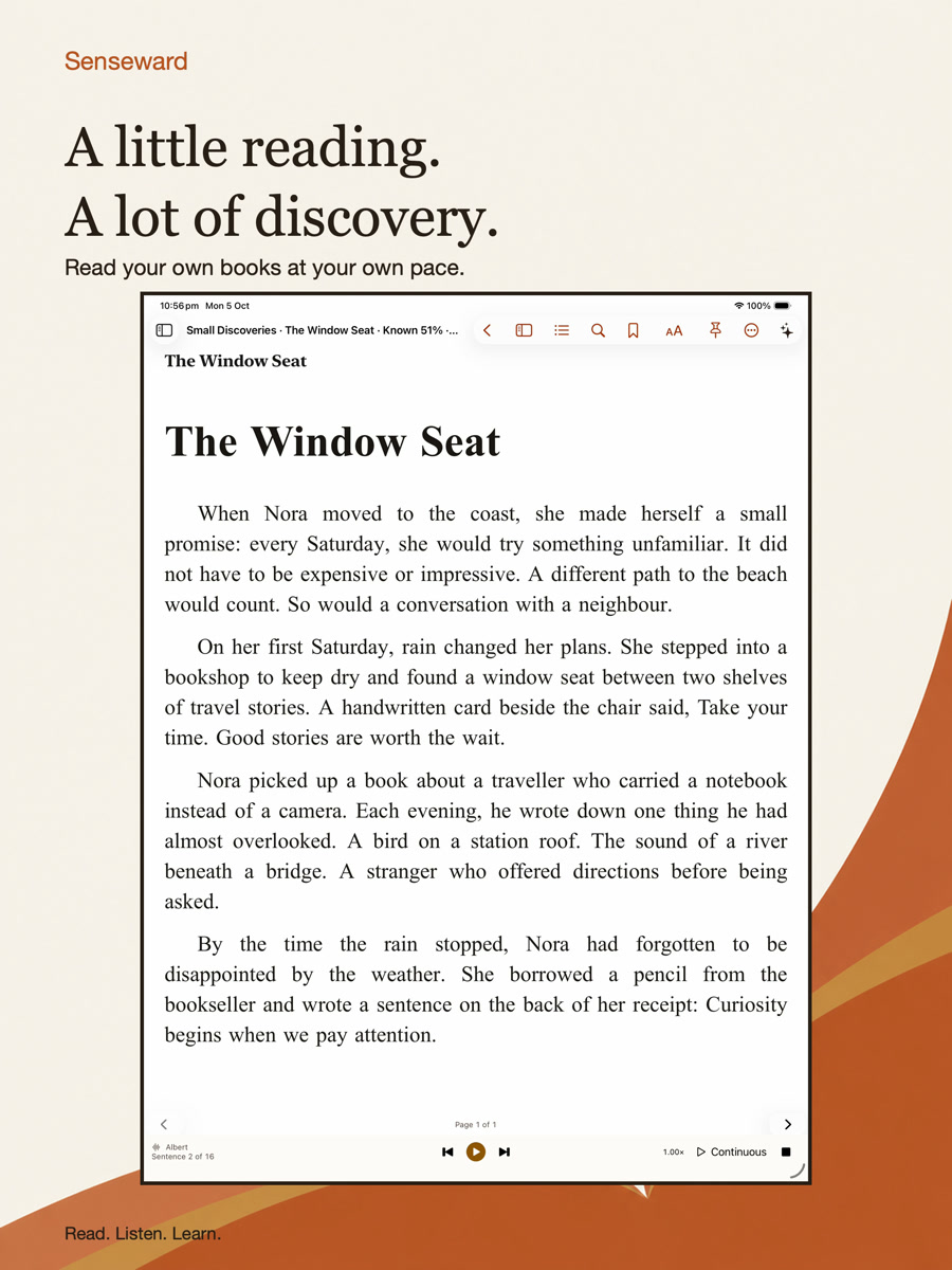 An EPUB open on iPad with the native reading voice and playback controls.
