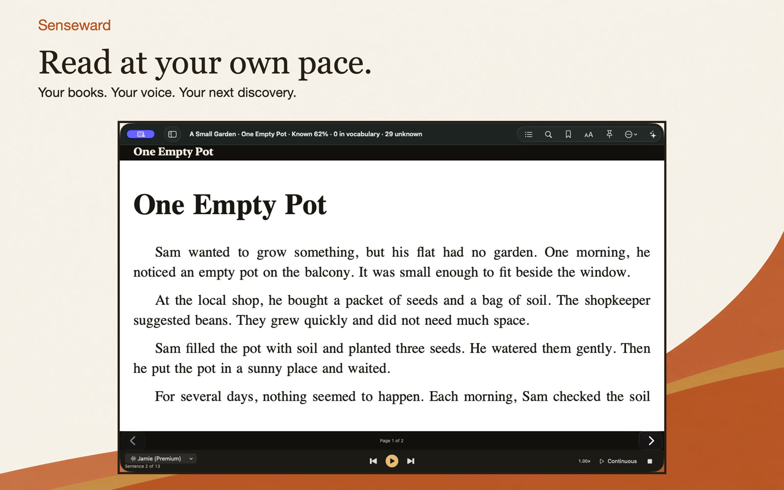Senseward on Mac, showing an EPUB passage and Apple reading voice controls.