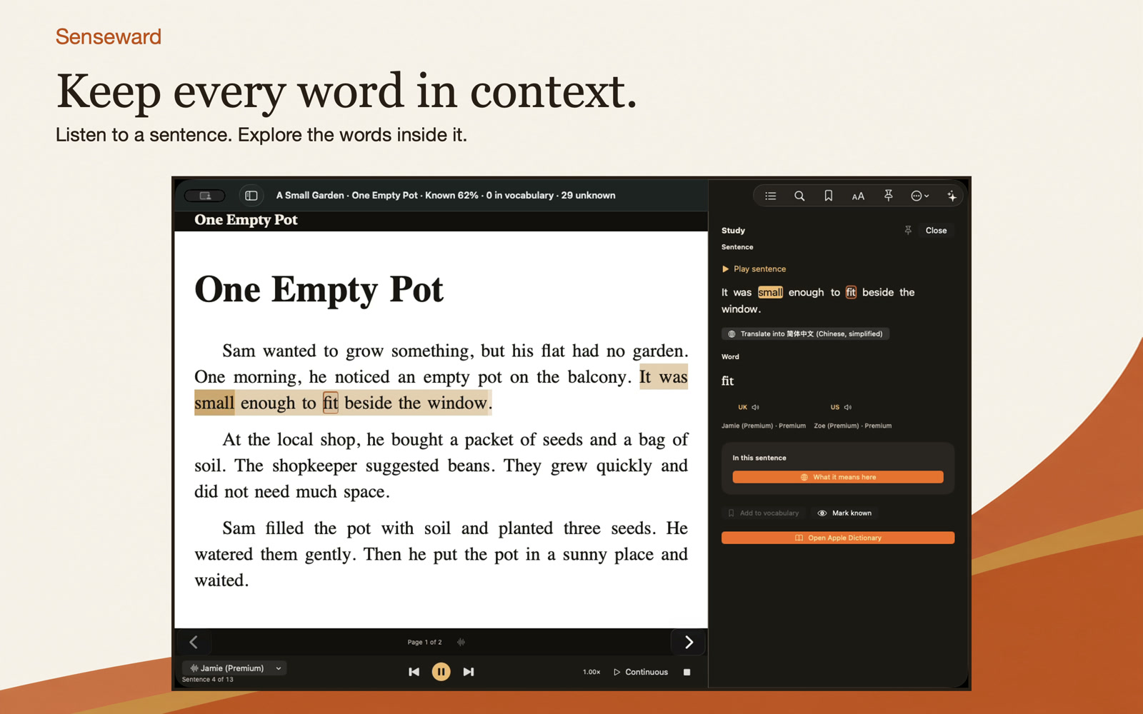 The Mac Study panel showing a selected word in its original EPUB sentence.